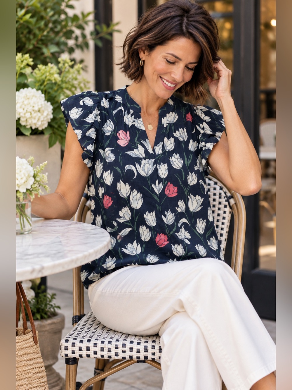Trovata Morning Tulip Floral Cotton Silk Blouse Navy Flutter Sleeve Medium